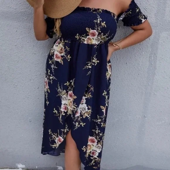 Boho Plus Floral Print Off Shoulder Cottagecore Dress - Picture 7 of 14